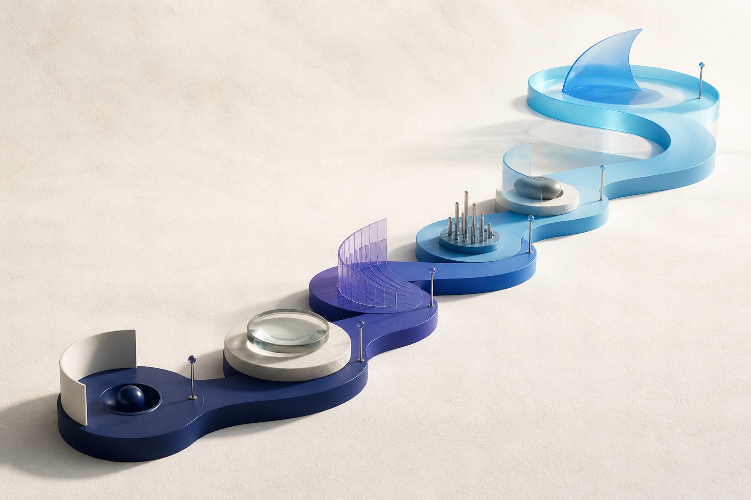 A sculptural blue path moving through six distinct stages