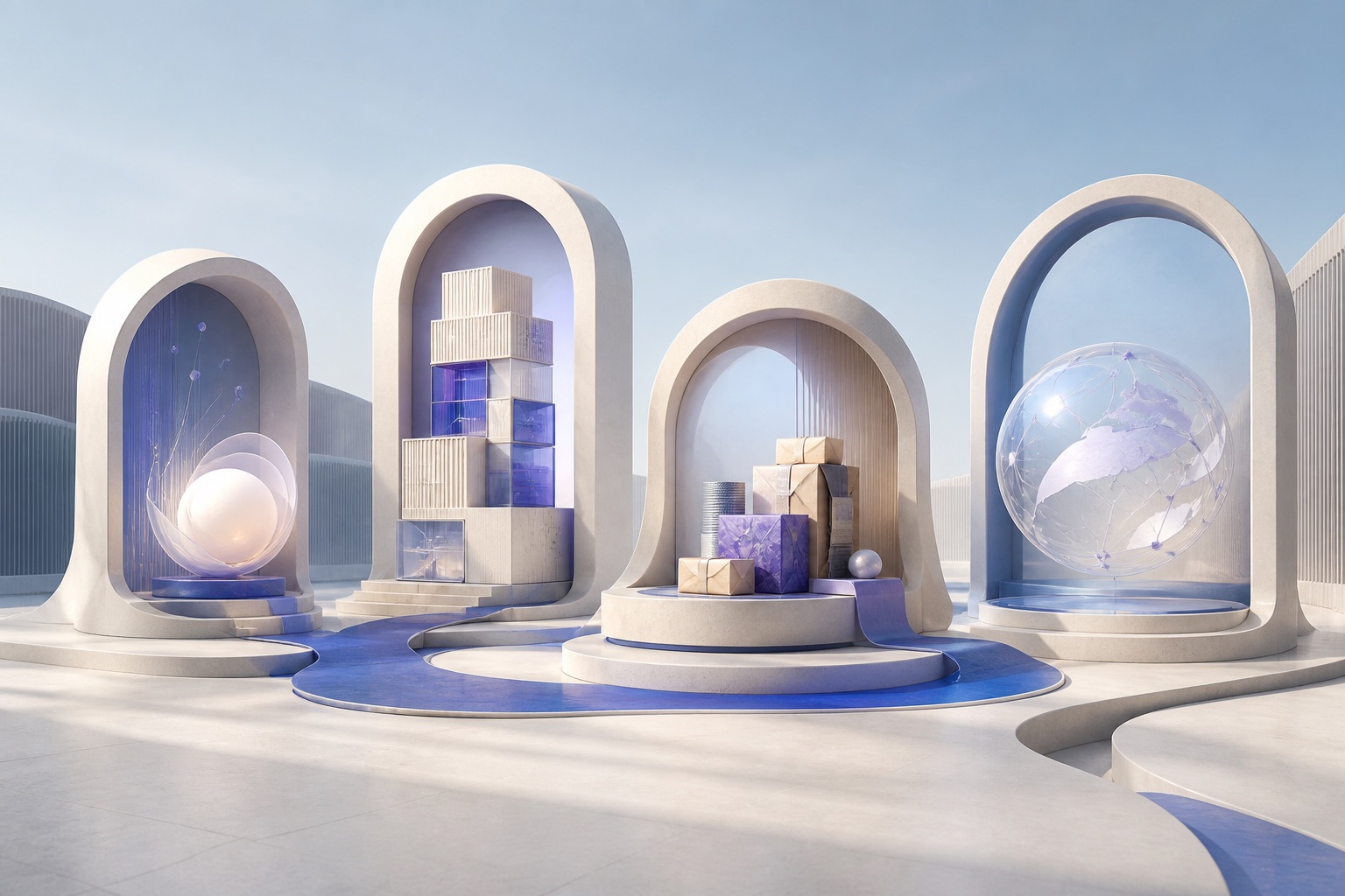 Four connected architectural spaces representing new ideas, established businesses, commerce and international collaboration
